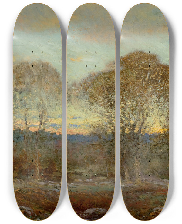Triptych art skateboard deck of Dwight W Tryon Sunset by Dwight W. Tryon (1849-1925)
