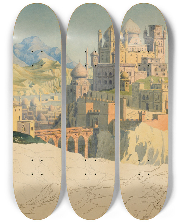 Triptych art skateboard deck of Friedrich Maximilian Hessemer Vision Of An Islamic City by Friedrich Maximilian Hessemer (1800-1860)
