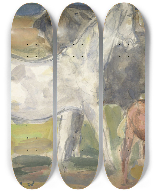 Triptych art skateboard deck of Leo Gestel Drie Paarden In Een Landschap by Leo Gestel (1881-1941)