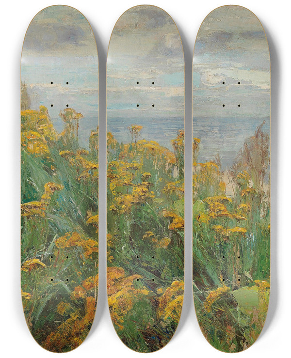 Triptych art skateboard deck of Gertrud Staats A Summer Day On The Coast by Gertrud Staats (1859-1938)