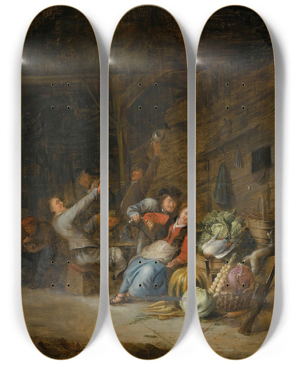 Triptych art skateboard deck of Gerrit Lundens A Barn Interior With Figures Drinking Around A Table by Gerrit Lundens (1622-1686)