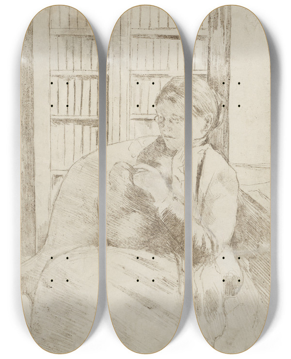 Triptych art skateboard deck of Mary Cassatt Knitting In The Library Verso by Mary Cassatt (1844-1926)