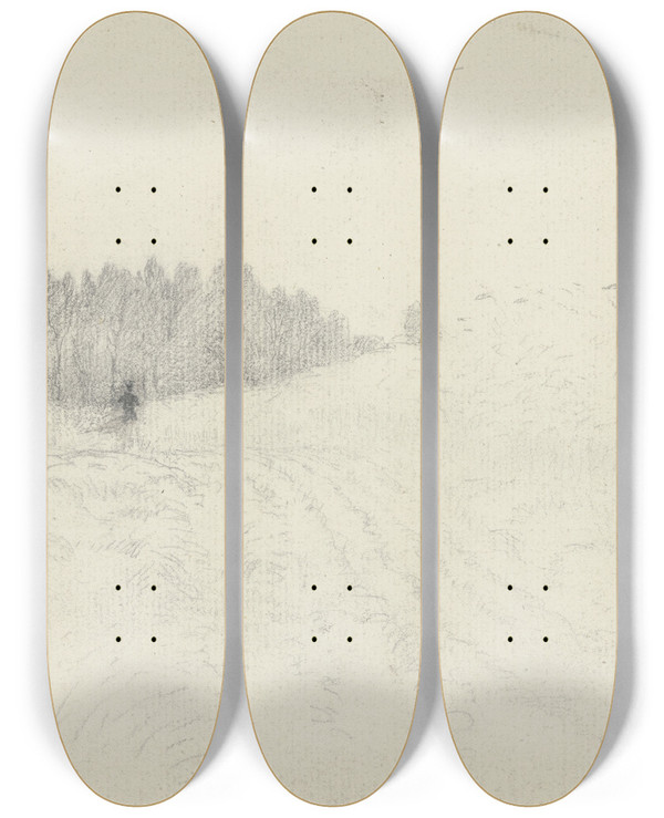 Triptych art skateboard deck of Otto Scholderer Ackerlandschaft Mit Vogelscheuche by Otto Scholderer (1834-1902)