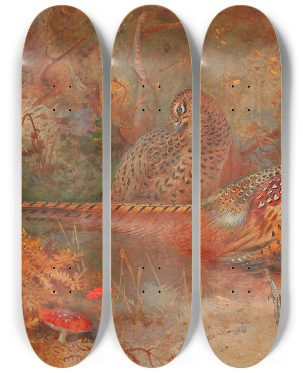 Triptych art skateboard deck of Archibald Thorburn A Cock And Hen Pheasant by Archibald Thorburn (1860-1935)