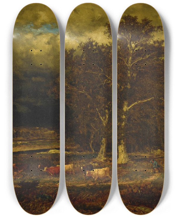 Triptych art skateboard deck of George Inness The Approaching Storm by George Inness (1825-1894)