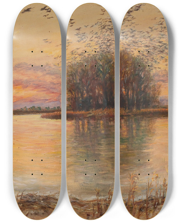 Triptych art skateboard deck of Carl Massmann Tageserwachen Prater Heustadlwasser by Carl Massmann (1859-1929)