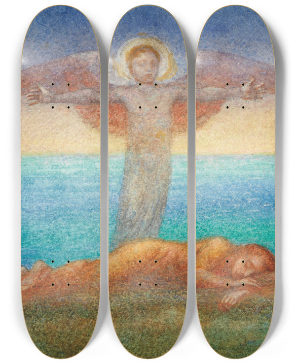 Triptych art skateboard deck of Phoebe Anna Traquair Love The Comforter Of Night by Phoebe Anna Traquair (1852-1936)
