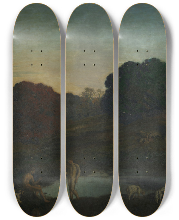 Triptych art skateboard deck of Ren Menard Pastoral Scene by Rene Menard (1862-1930)