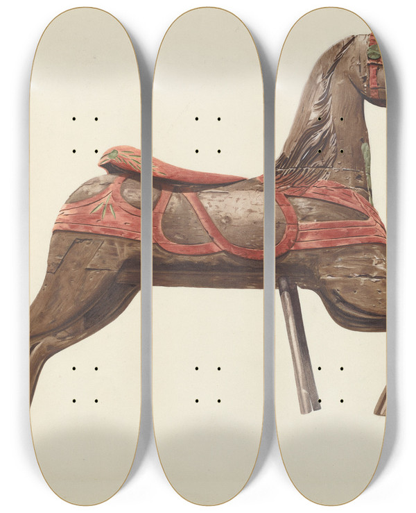 Triptych art skateboard deck of Mildred E Bent Carousel Horse by Mildred E Bent