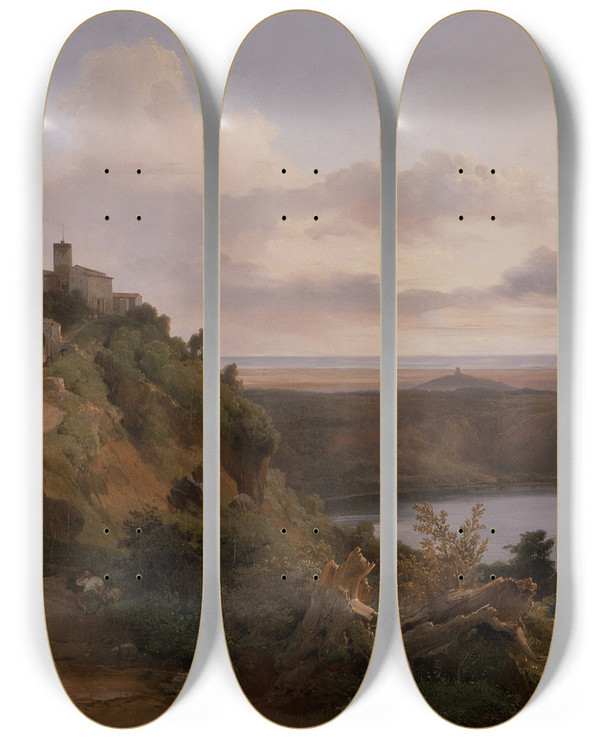 Triptych art skateboard deck of Jeancharles Joseph Rmond Lake Nemi by Jean-Charles Joseph Rmond (1795-1875)