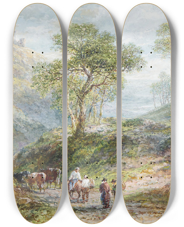 Triptych art skateboard deck of Frederick Henry Henshaw Castel Dinas Bran North Wales by Frederick Henry Henshaw (1807-1891)