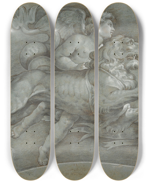 Triptych art skateboard deck of Denys Calvaert A Winged Putto Riding A Sea Horse And A Lion by Denys Calvaert (1540-1619)