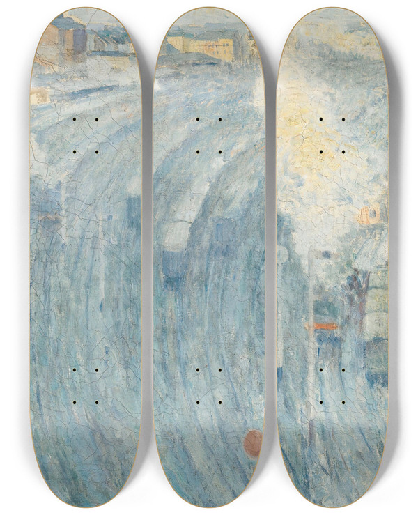 Triptych art skateboard deck of Henri Ottmann Gare Du Luxembourg Dans La Brume Du Matin by Henri Ottmann (1877-1927)
