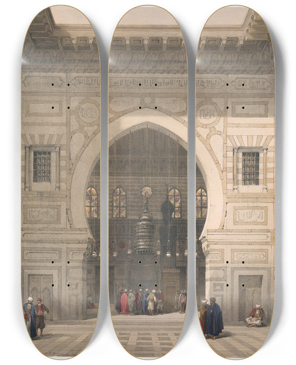 Triptych art skateboard deck of David Roberts Interior Of The Mosque Of The Sultan El Ghoree Masjid Alghuri by David Roberts (1796-1864)