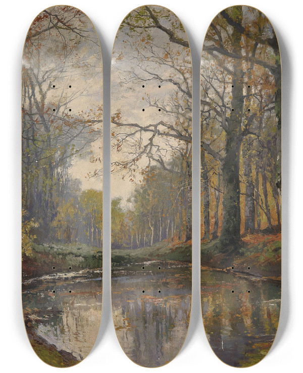 Triptych art skateboard deck of Karl Vikas Herbstliche Waldlandschaft by Karl Vikas (1875-1934)