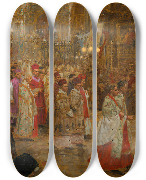 Triptych art skateboard deck of Wilhelm Gause Der Xxiii Internationale Eucharistische Kongress In Wien Umzug Im Stephansdom by Wilhelm Gause (1853-1916)
