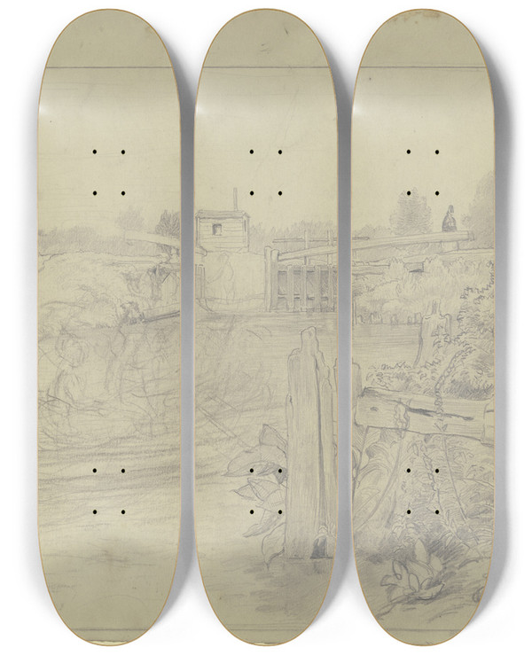 Triptych art skateboard deck of Otto Scholderer Flusslandschaft Mit Ruderbootpartie Und Schleuse by Otto Scholderer (1834-1902)