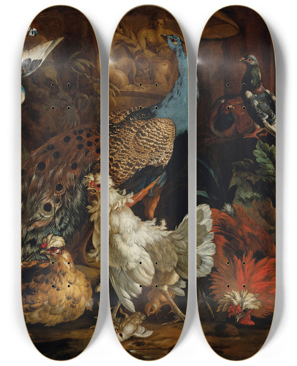 Triptych art skateboard deck of Pieter Casteels Iii A Peacock Chickens Pigeons And Other Birds In A Landscape by Pieter Casteels Ii (1684-1749)