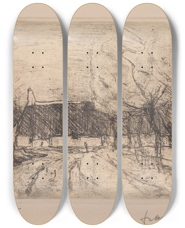 Triptych art skateboard deck of Frans Hens Landscape With A Farm_1 by Frans Hens (1856-1928)