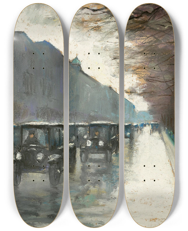 Triptych art skateboard deck of Lesser Ury Unter Den Linden Mit Droschken Im Regen_1 by Lesser Ury (1861-1931)