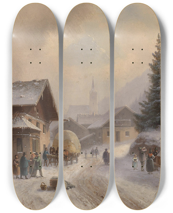 Triptych art skateboard deck of Anton Doll Dorfstrae Im Winter by Anton Doll (1826-1887)