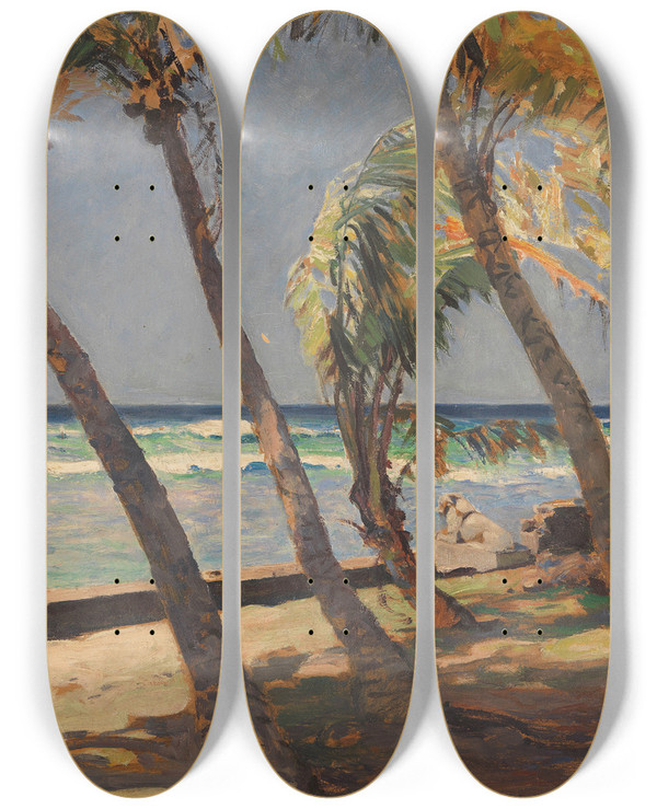 Triptych art skateboard deck of Erich Kips Waikiki Beach by Erich Kips (1869-1945)