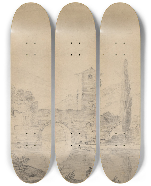 Triptych art skateboard deck of Richard Wilson Italian Landscape With Threearched Bridge Bridgehouse Figures On Near Bank And Poplars On Farther Bank by Richard Wilson (1714-1782)