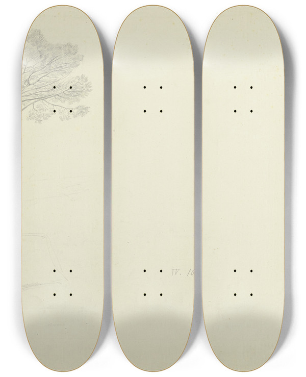 Triptych art skateboard deck of Theodor Pelissier Tree In A Landscape by Theodor Pelissier (1794-1863)