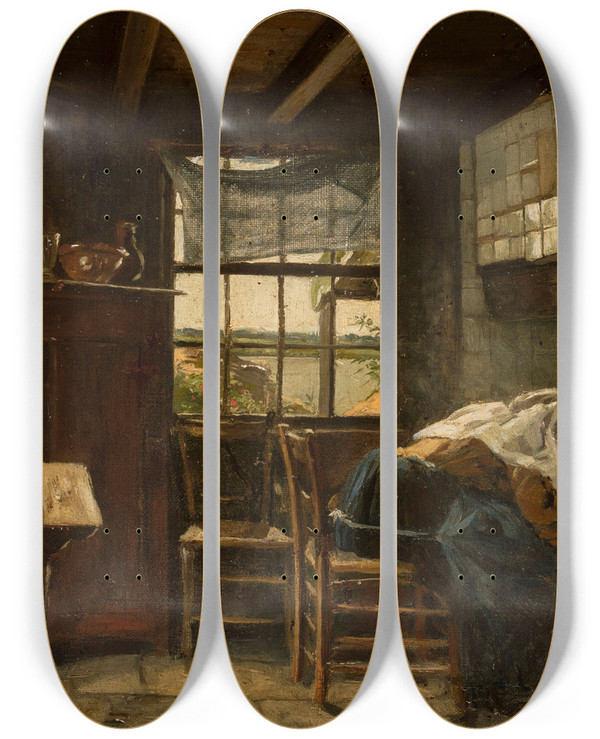 Triptych art skateboard deck of Pavel Alexandrovich Svedomsky Finnish Cottage Interior by Pavel Alexandrovich Svedomsky (1849-1904)
