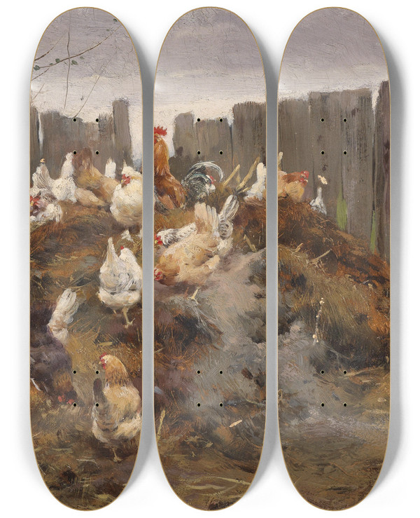Triptych art skateboard deck of Geza Vastagh Hhnerhof by Geza Vastagh (1866-1919)