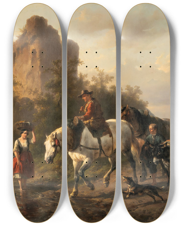 Triptych art skateboard deck of Wouterus Verschuur A Driver With His Family Fording A Stream by Wouterus Verschuur (1812-1874)