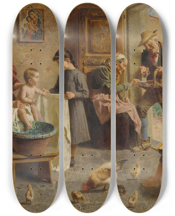 Triptych art skateboard deck of Eugenio Zampighi Ahappy Family by Eugenio Zampighi (1859-1944)