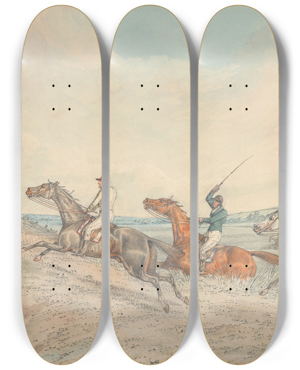 Triptych art skateboard deck of Henry Thomas Alken Steeplechasing Three Riders Taking A Brook Spectators On Right by Henry Thomas Alken (1785-1851)