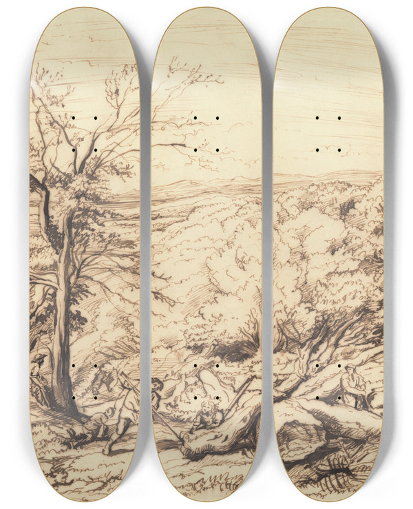 Triptych art skateboard deck of John Linnell Woodcutters In A Forest by John Linnell (1792-1882)