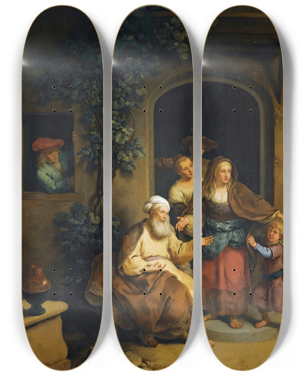 Triptych art skateboard deck of Christian Wilhelm Ernst Dietrich Abraham Expelling Hagar by Christian Wilhelm Ernst Dietrich (1712-1774)
