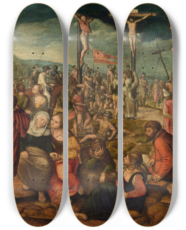 Triptych art skateboard deck of Jan Van Amstel Calvary by Jan Van Amstel