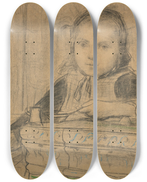 Triptych art skateboard deck of Albert Anker Girl At The Stove Study by Albert Anker (1831-1910)