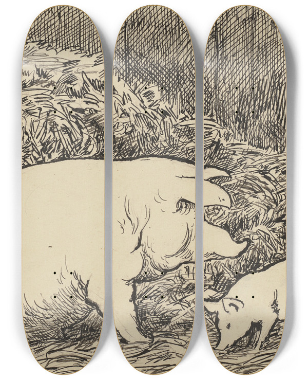 Triptych art skateboard deck of Hans Thoma Schwein by Hans Thoma (1839-1924)