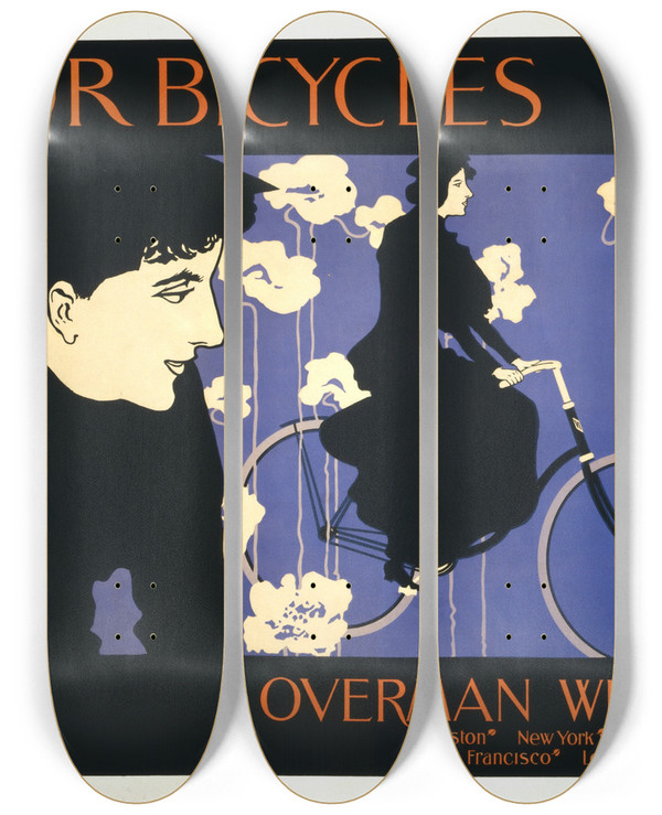 Triptych art skateboard deck of Will Bradley Victor Bicycles Overman Wheel Co_1 by Will Bradley (1868-1962)