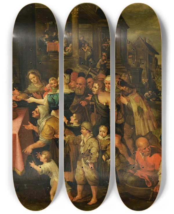 Triptych art skateboard deck of Frans Francken The Younger The Works Of Mercy by Frans Francken the Younger (1581-1642)