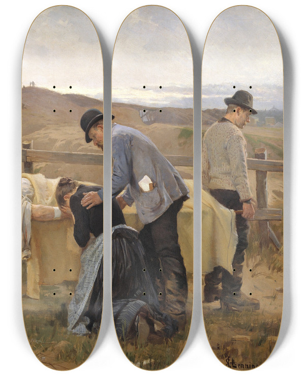 Triptych art skateboard deck of Erik Henningsen A Wounded Workman by Erik Henningsen (1855-1930)