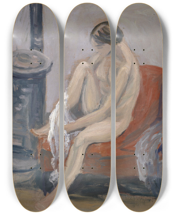 Triptych art skateboard deck of Ernst Schiess Two Women At A Stove by Ernst Schiess (1872-1919)