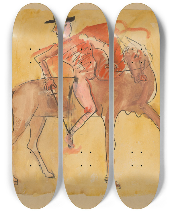 Triptych art skateboard deck of Cyprin Majernk Spanish Toreador by Cyprian Majernik (1909-1945)