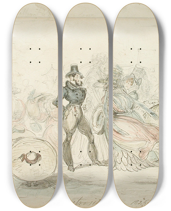 Triptych art skateboard deck of George Cruikshank Monstrosities Of 182526 by George Cruikshank (1792-1878)