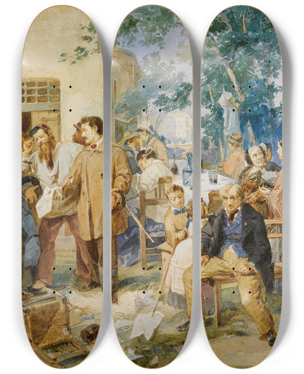 Triptych art skateboard deck of Domenico Induno Il Bollettino Di Villafranca by Domenico Induno (1815-1878)