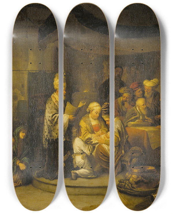 Triptych art skateboard deck of Christian Wilhelm Ernst Dietrich The Circumcision by Christian Wilhelm Ernst Dietrich (1712-1774)