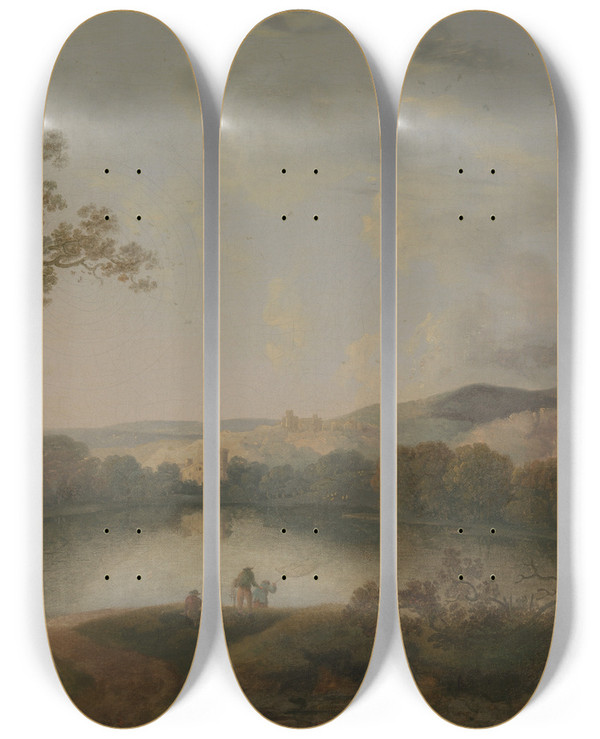 Triptych art skateboard deck of William Groombridge A View Of A Lake With Fishermen by William Groombridge (1748-1811)