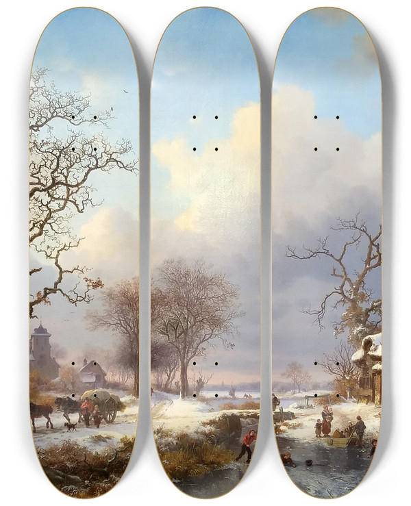 Triptych art skateboard deck of Frederik Marinus Kruseman Dutch Winter Landscape With Skaters by Frederik Marinus Kruseman (1816-1882)
