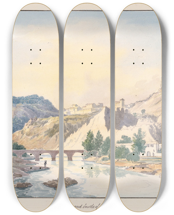 Triptych art skateboard deck of Charles Hamilton Smith Town And Castle Of Cardona by Charles Hamilton Smith (1776-1859)