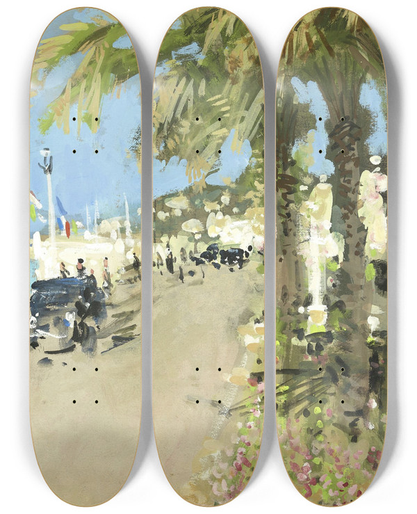 Triptych art skateboard deck of Pierreeugne Montzin La Promenade Des Anglais Nice by Pierre-Eugne Montzin (1874-1946)